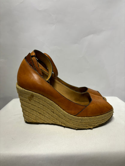 Paul Smith Tan Brown Leather Open Toe Wedge Heels 4