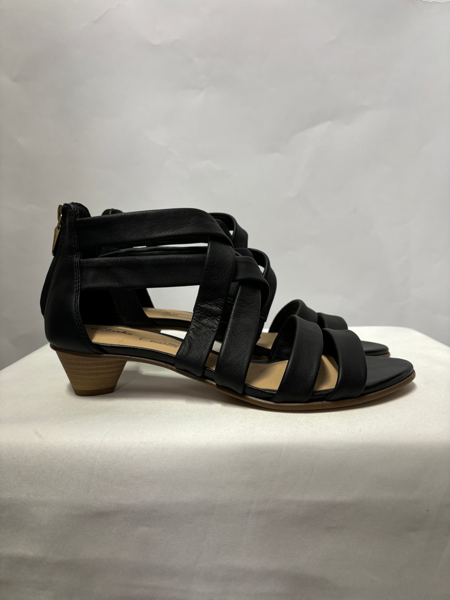 Clarks Black Leather Mena Strappy Sandal Heels  5.5 BNWB