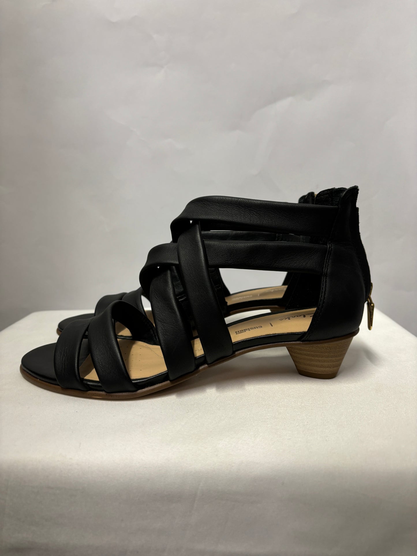 Clarks Black Leather Mena Strappy Sandal Heels  5.5 BNWB