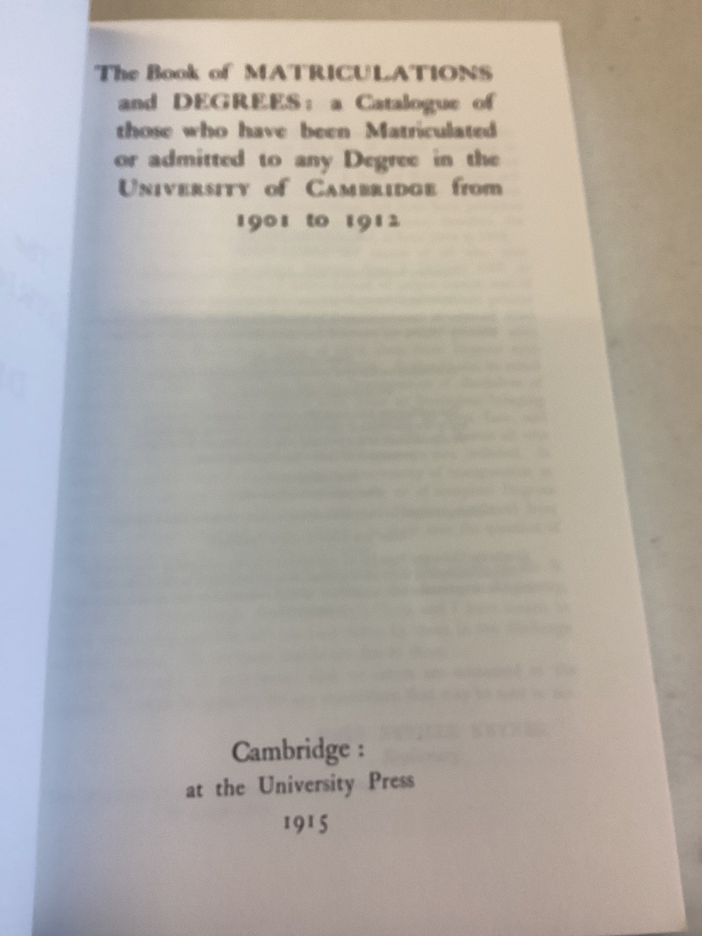 The Book of Matriculations and Degrees Compiled By John Venn and J A Venn