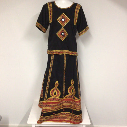 Black, Gold & Red Embroidered Top & Skirt Set Size L (approx.)