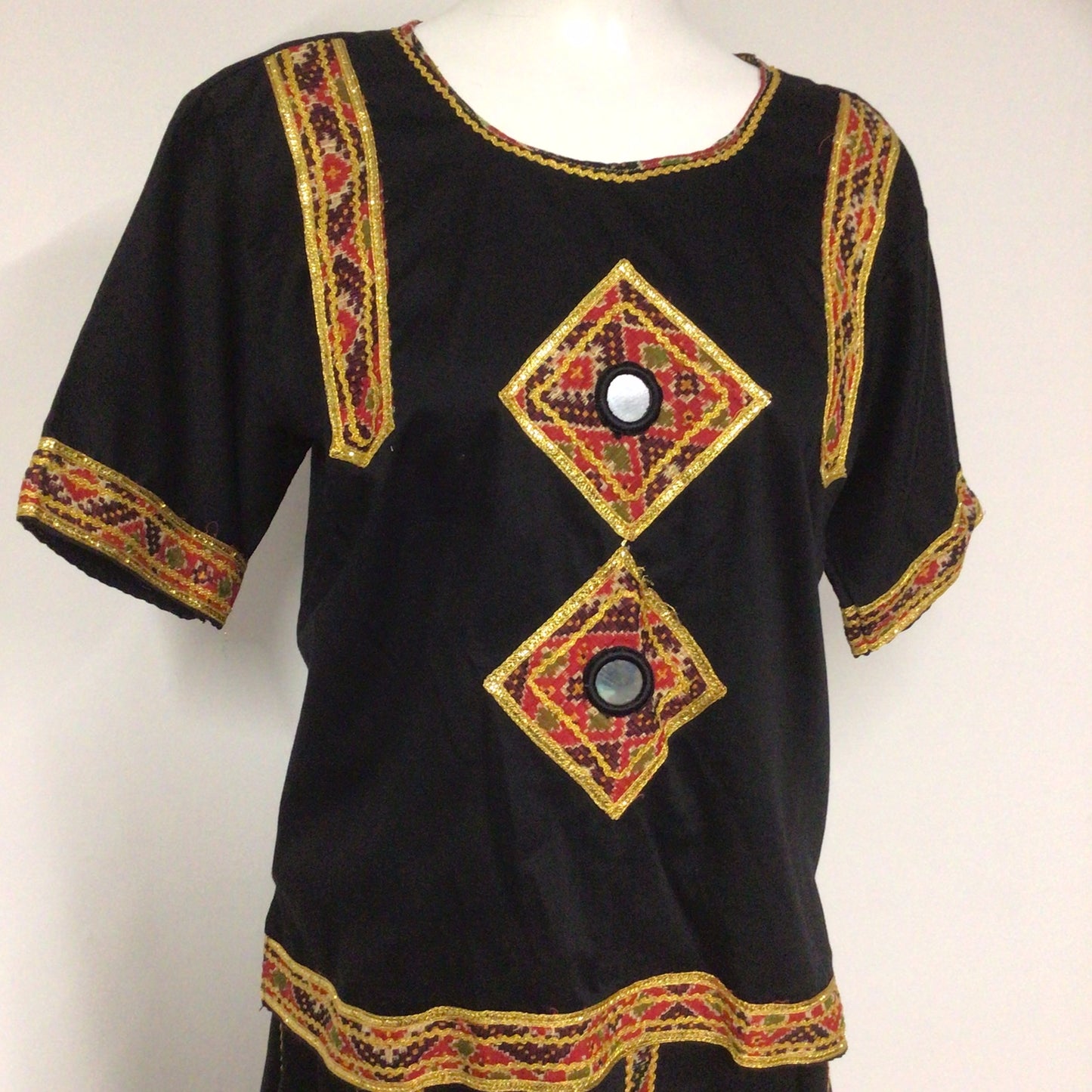 Black, Gold & Red Embroidered Top & Skirt Set Size L (approx.)