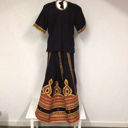 Black, Gold & Red Embroidered Top & Skirt Set Size L (approx.)