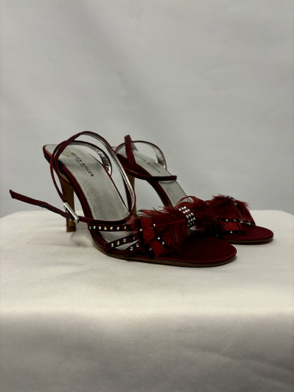 Karen Millen Red Satin and Feather Strappy Heels 4/37