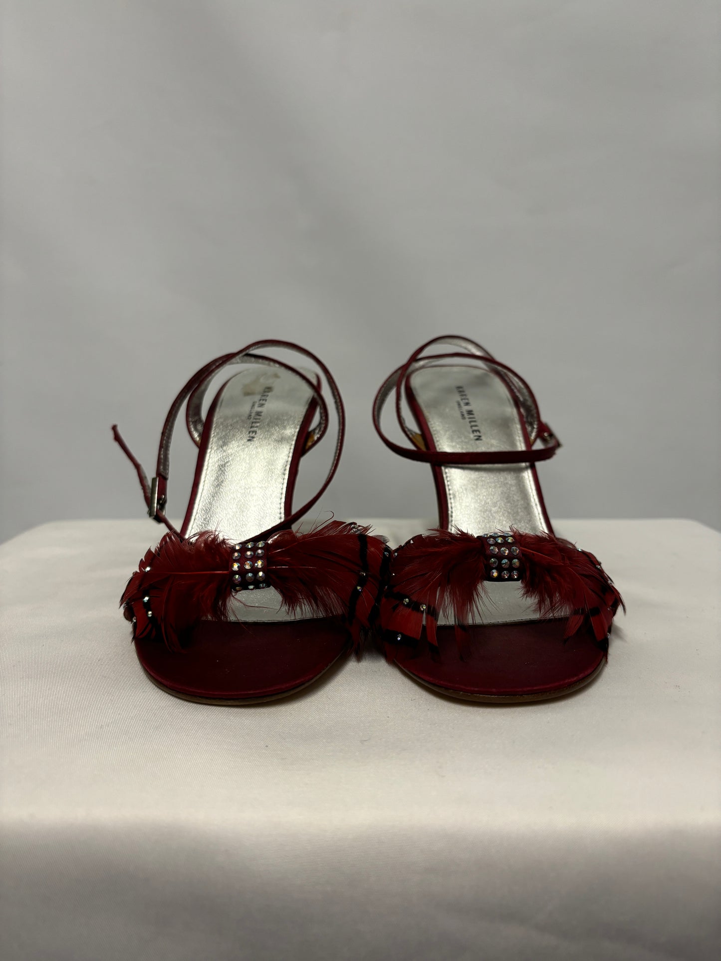 Karen Millen Red Satin and Feather Strappy Heels 4/37