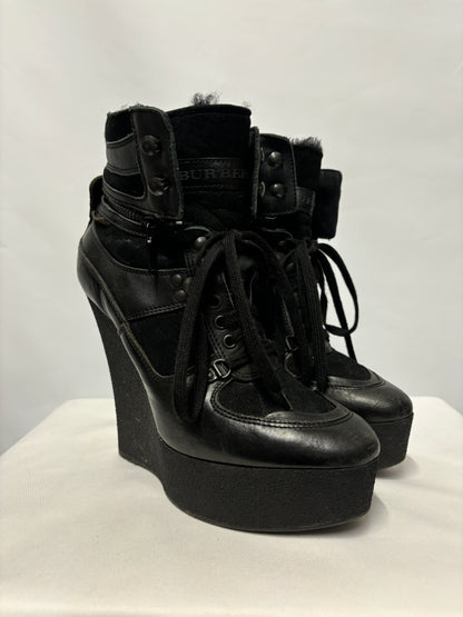 Burberry Black Wedge Heeled Suede and Shearling Boots 7/40