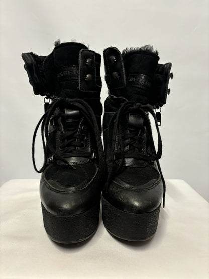 Burberry Black Wedge Heeled Suede and Shearling Boots 7/40