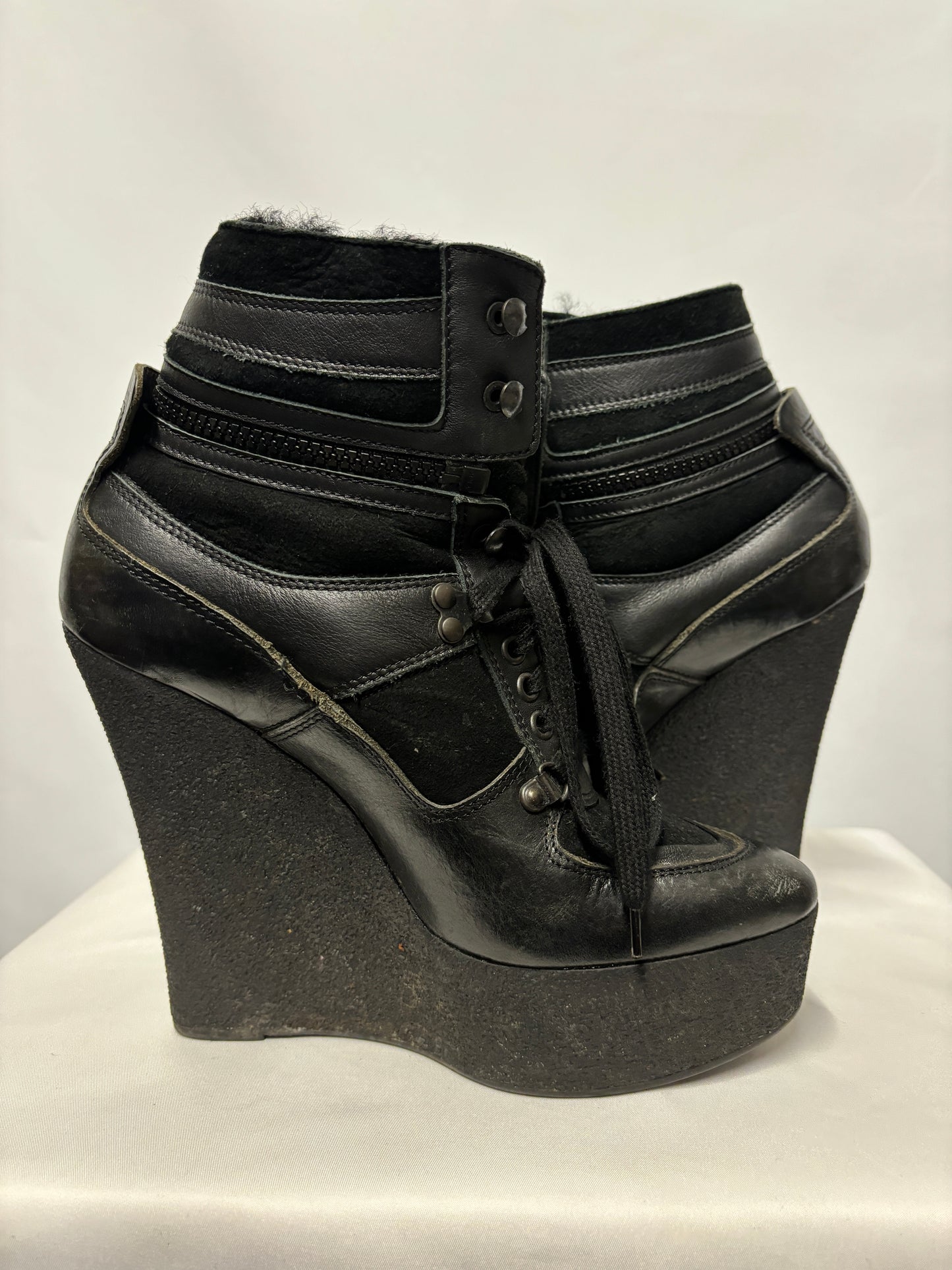 Burberry Black Wedge Heeled Suede and Shearling Boots 7/40