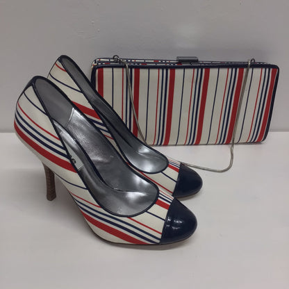 Dune Red, White, Blue Striped Court Heels Size 3 UK w/Matching Clutch Bag