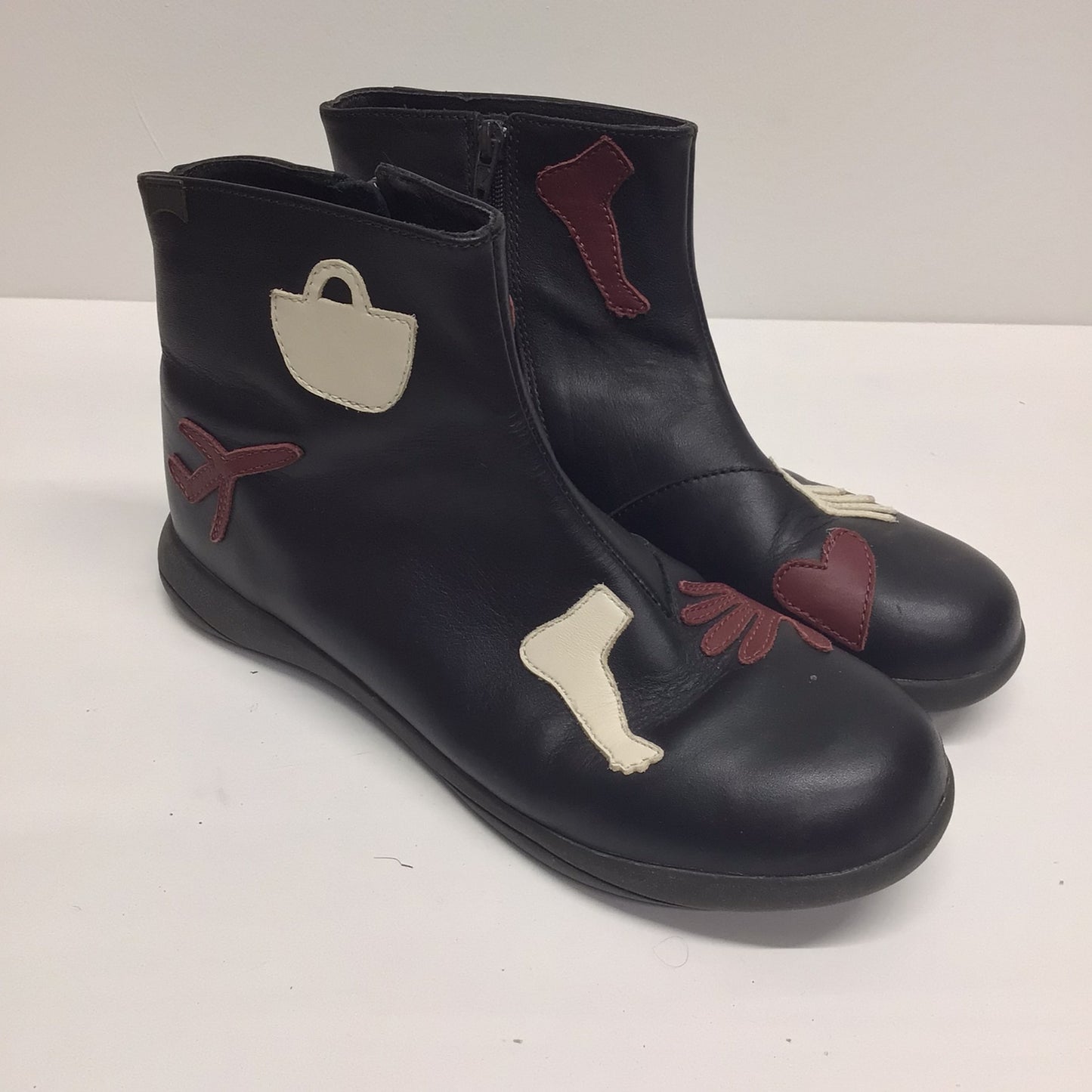 Camper Black Leather Ankle Boots w/Red & White Detail Size 4 UK (37 EU)