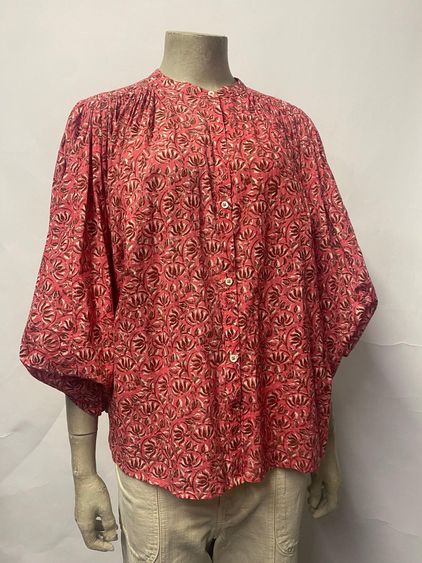 by Iris Pink Indian Floral Print Cotton Balloon Sleeve Cotton Blouse Small BNWT