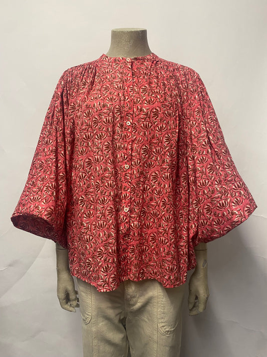 by Iris Pink Indian Floral Print Cotton Balloon Sleeve Cotton Blouse Small BNWT