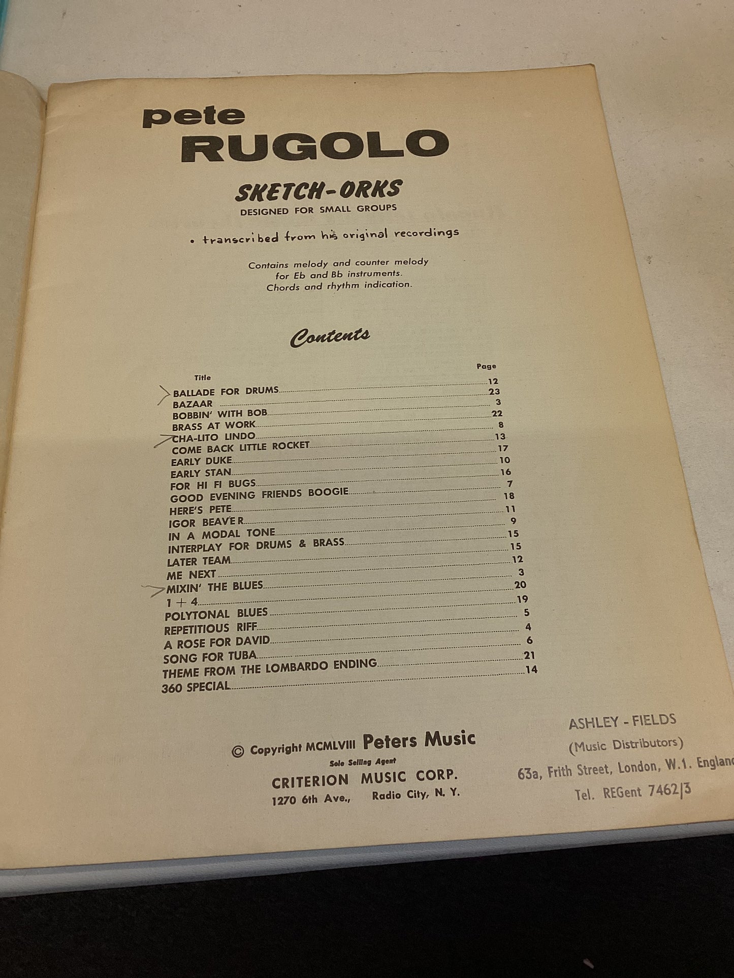 Pete Rugolo Sketch-Orks Designed For Small Groups Transcribed From His original Recordings