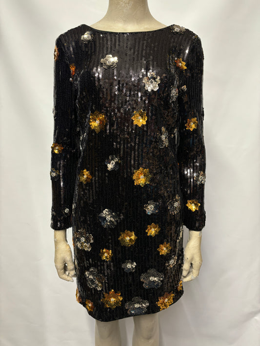 MILLY Black and Gold Selene 3D Flower Sequin Mini Dress 8