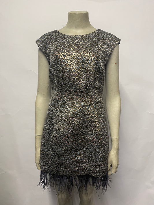 Louche Metallic Gold and Multi Jacquard Feather Mini Dress 10
