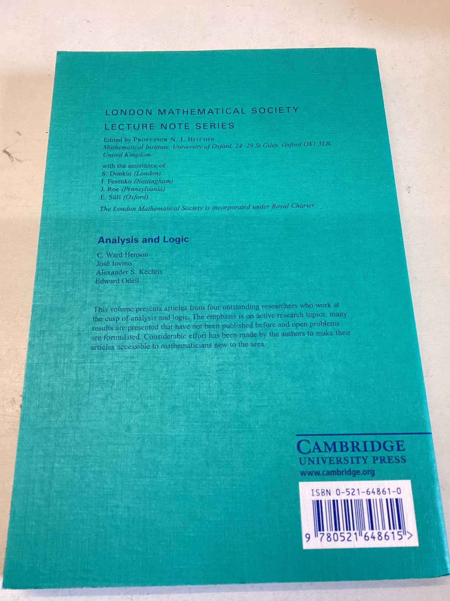 London Mathematical Society Lecture Notes Series 262 Analysis and Logic