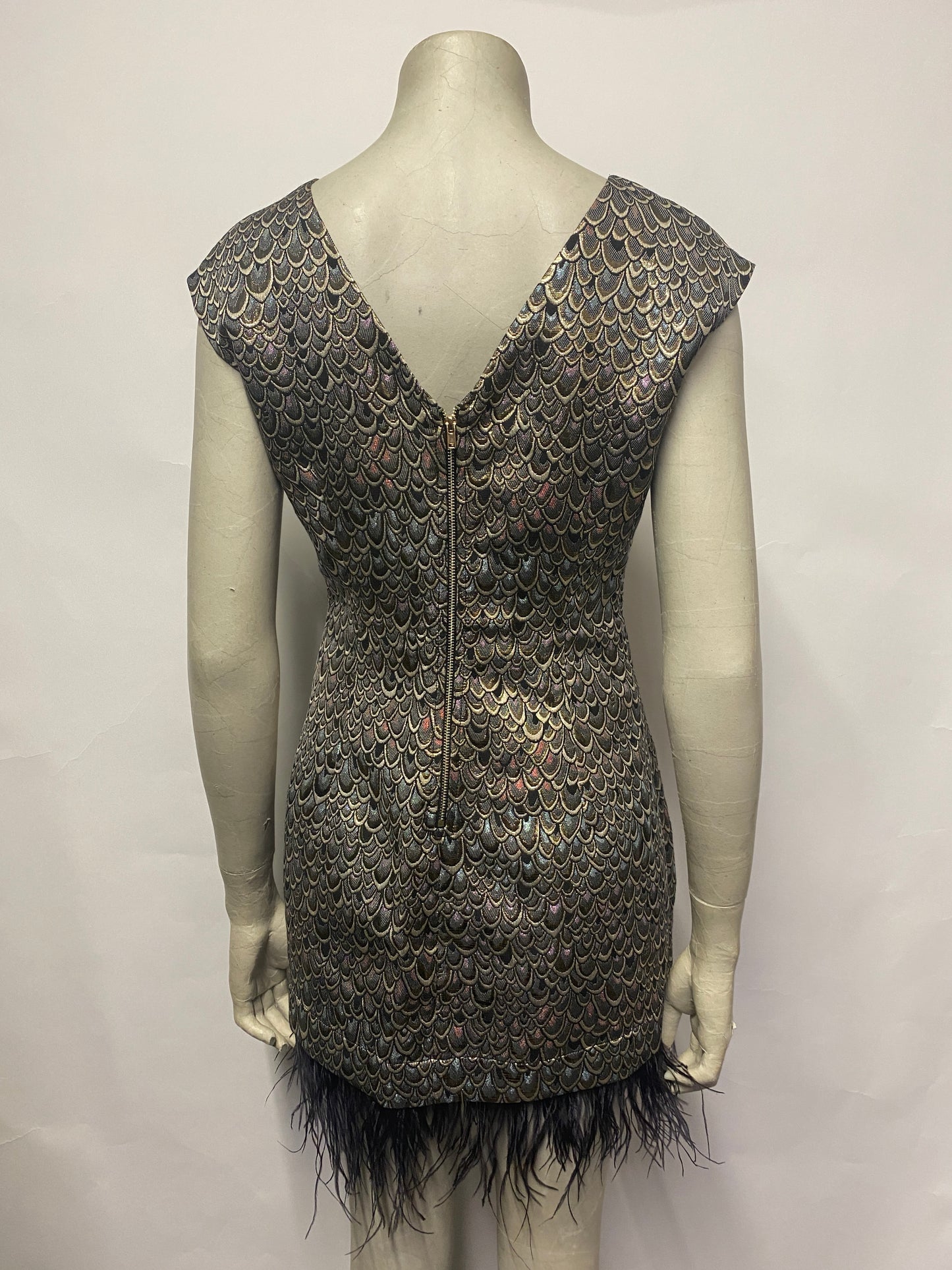 Louche Metallic Gold and Multi Jacquard Feather Mini Dress 10