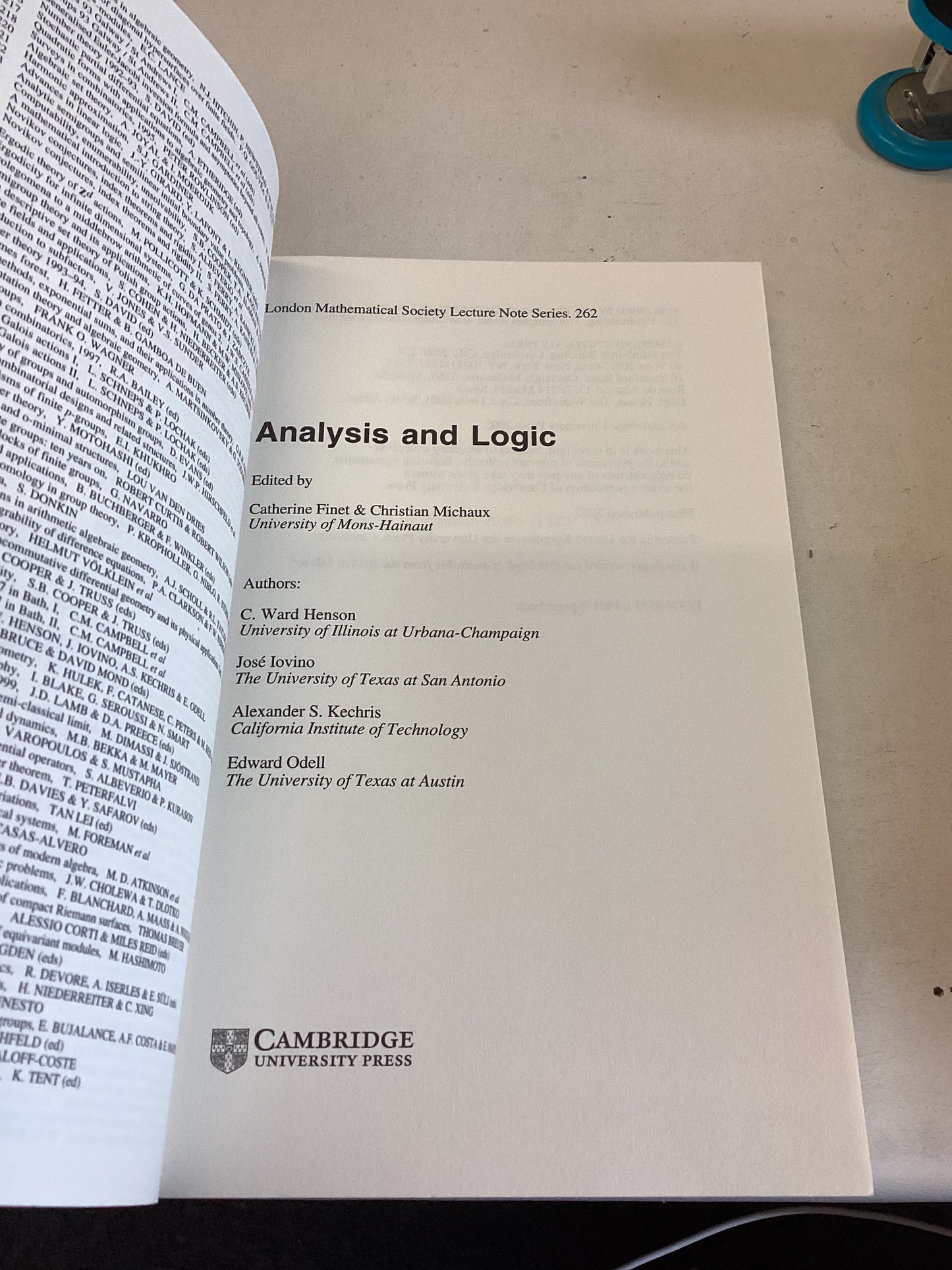 London Mathematical Society Lecture Notes Series 262 Analysis and Logic