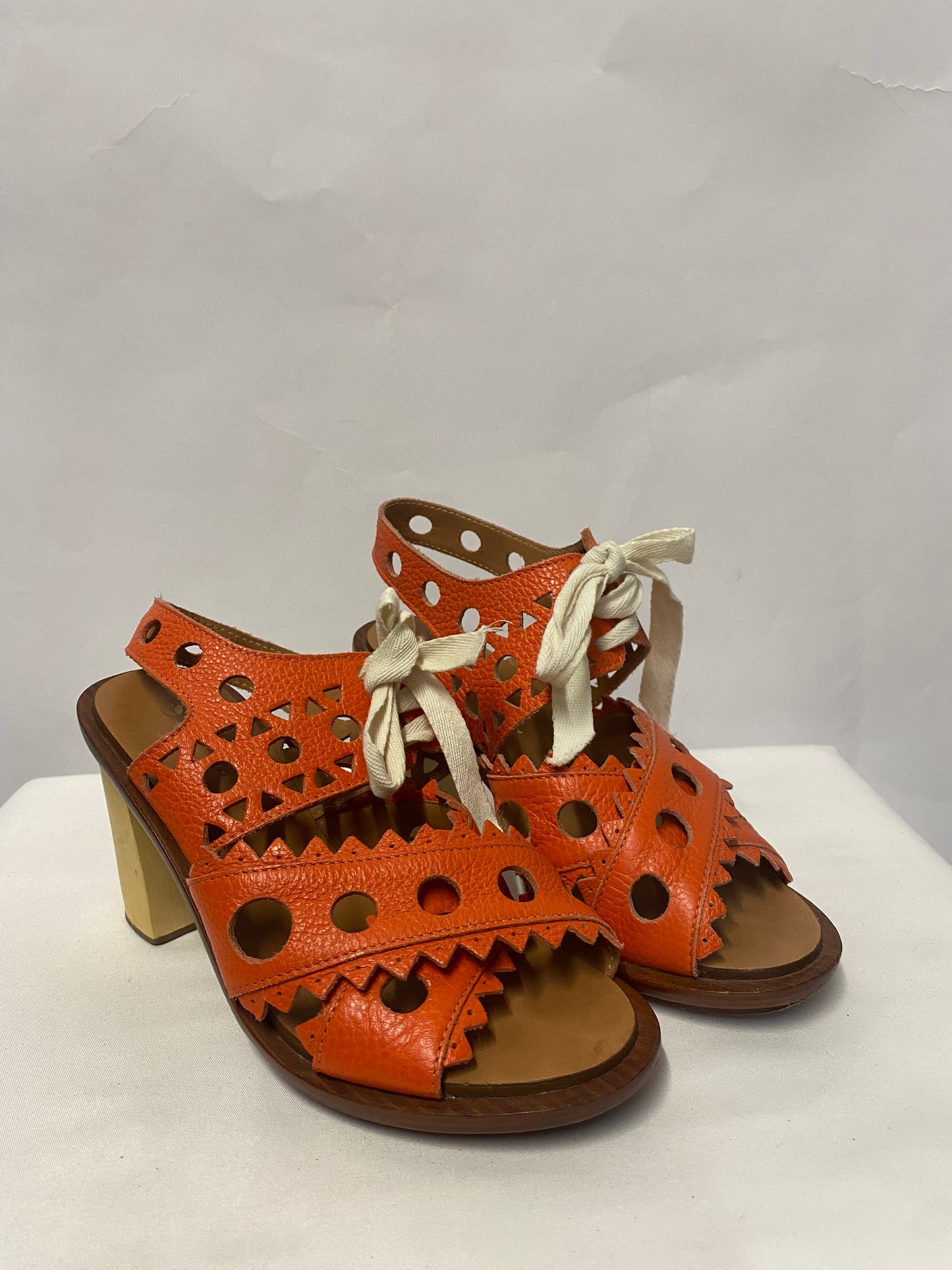 Leifsdottir Orange Lazer Cut Wooden Heel Shoes 3