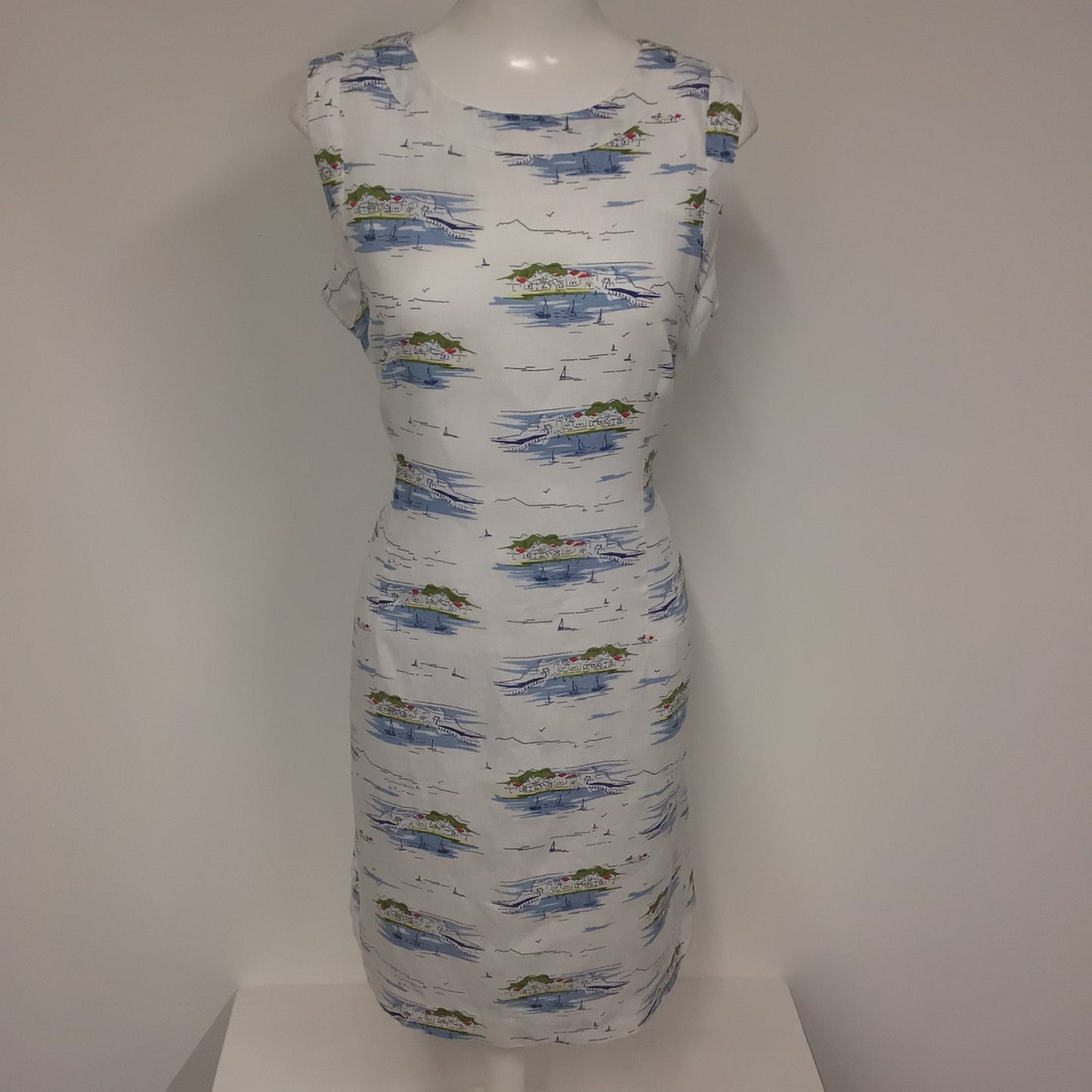 Hobbs White & Blue Seaside Town Print 100% Linen Tie Waist Dress Size 16