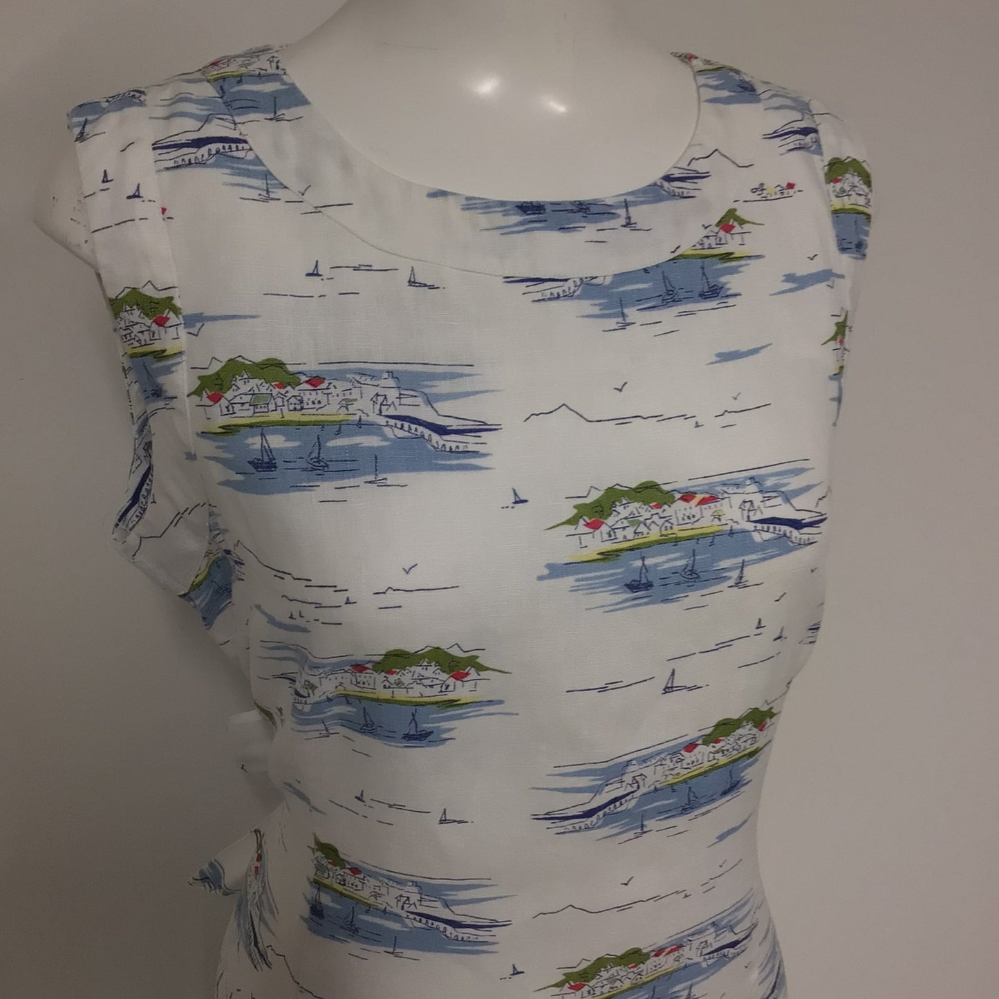 Hobbs White & Blue Seaside Town Print 100% Linen Tie Waist Dress Size 16