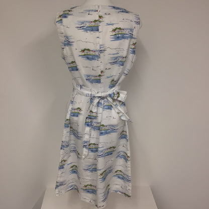 Hobbs White & Blue Seaside Town Print 100% Linen Tie Waist Dress Size 16