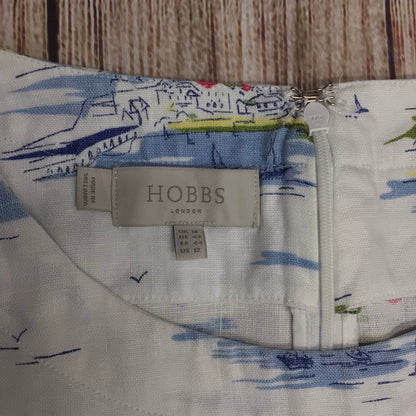 Hobbs White & Blue Seaside Town Print 100% Linen Tie Waist Dress Size 16