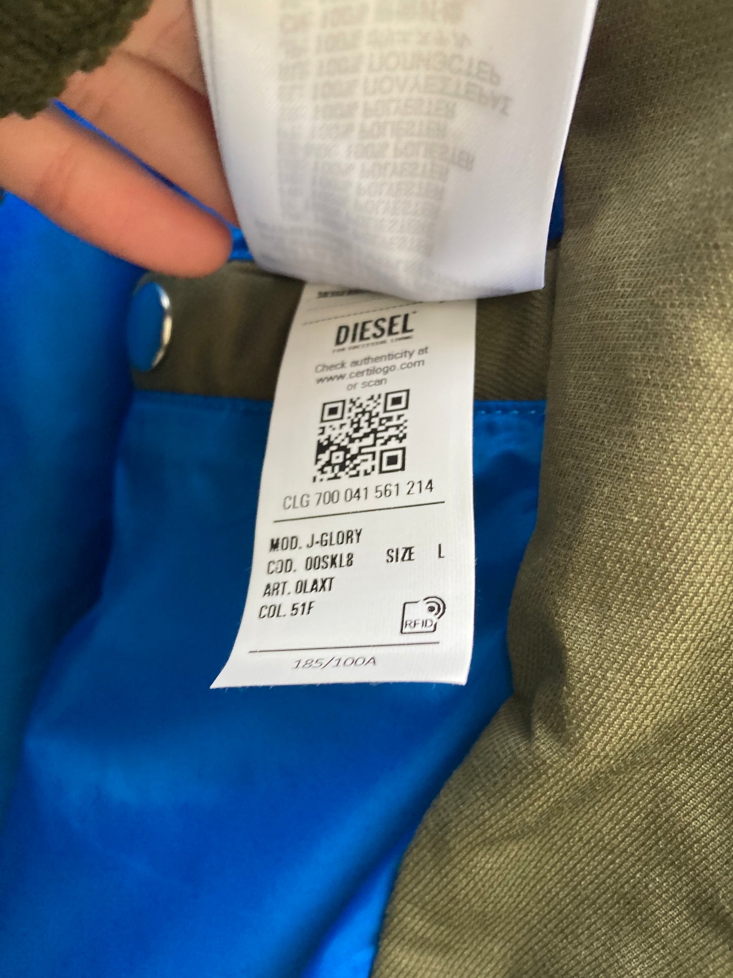 Diesel Khaki Green J-Glory Biker Jacket Size Large