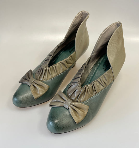 Vintage Shellys London Taupe & Teal Leather Bow Detail Shoes EU 39 UK 6