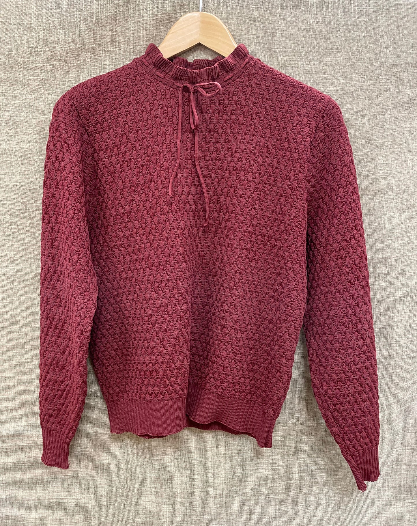 BHS Vintage 1980s Burgundy Maroon Red Tie Neck Jumper 18