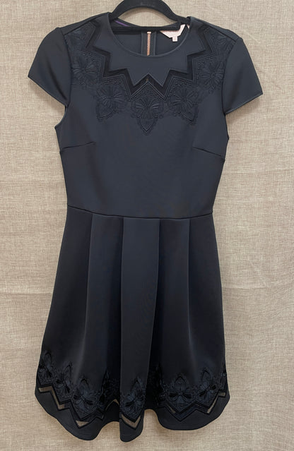 Ted Baker Black Lace Trim Short Sleeve Skater Dress Size 2 UK 10