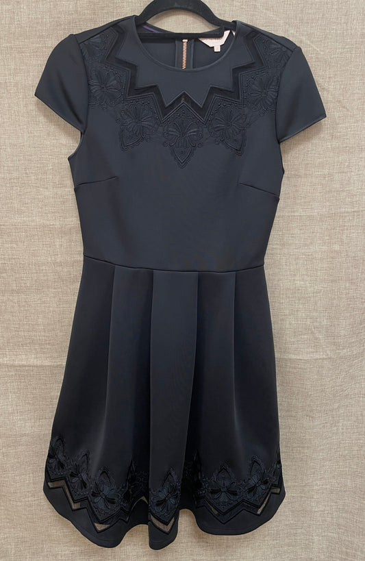 Ted Baker Black Lace Trim Short Sleeve Skater Dress Size 2 UK 10