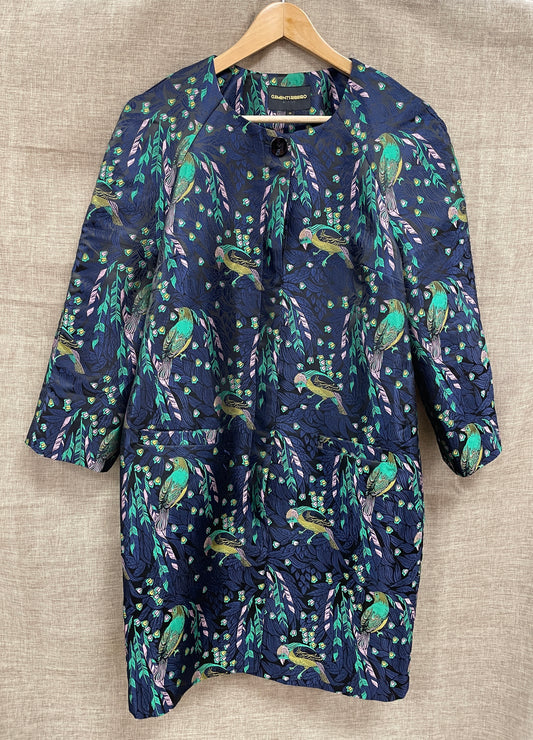 Clements Ribeiro Navy Blue Bird Jacquard 3/4 Sleeve Jacket Coat 12