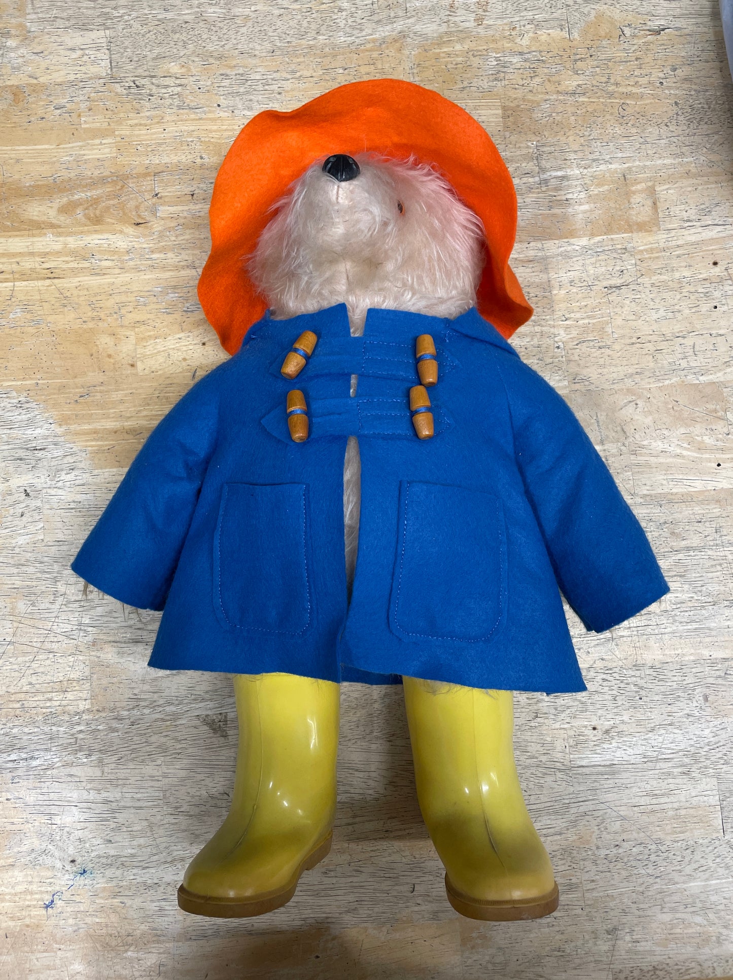 Vintage 1970s Gabrielle Designs Paddington Bear Blue Coat Yellow Dunlop Wellies Orange Hat