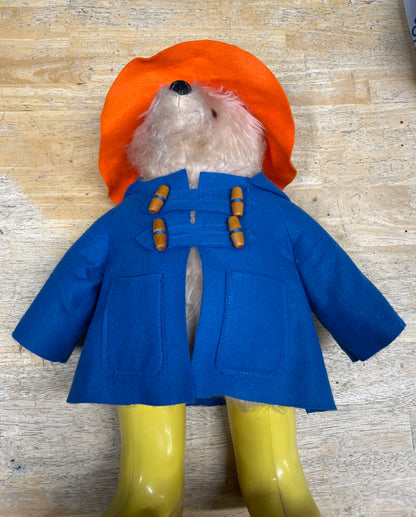 Vintage 1970s Gabrielle Designs Paddington Bear Blue Coat Yellow Dunlop Wellies Orange Hat