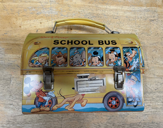 Vintage Walt Disney School Bus Metal Lunchbox with Plastic Aladdin Flask