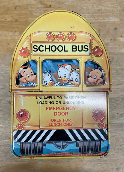 Vintage Walt Disney School Bus Metal Lunchbox with Plastic Aladdin Flask