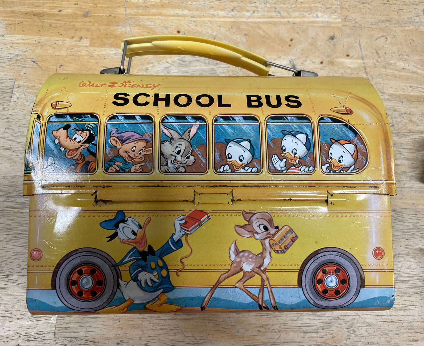 Vintage Walt Disney School Bus Metal Lunchbox with Plastic Aladdin Flask