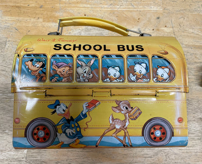 Vintage Walt Disney School Bus Metal Lunchbox with Plastic Aladdin Flask