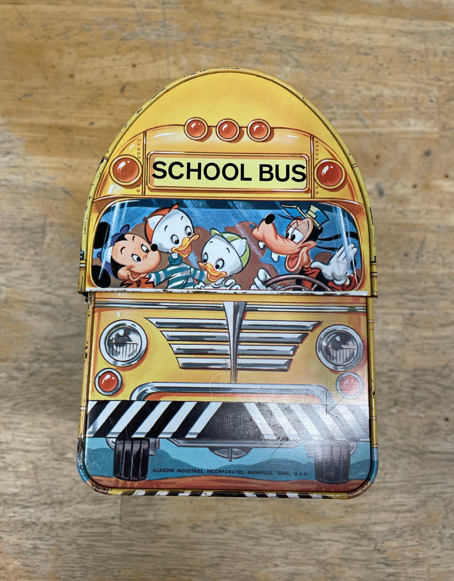 Vintage Walt Disney School Bus Metal Lunchbox with Plastic Aladdin Flask