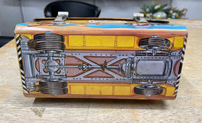 Vintage Walt Disney School Bus Metal Lunchbox with Plastic Aladdin Flask