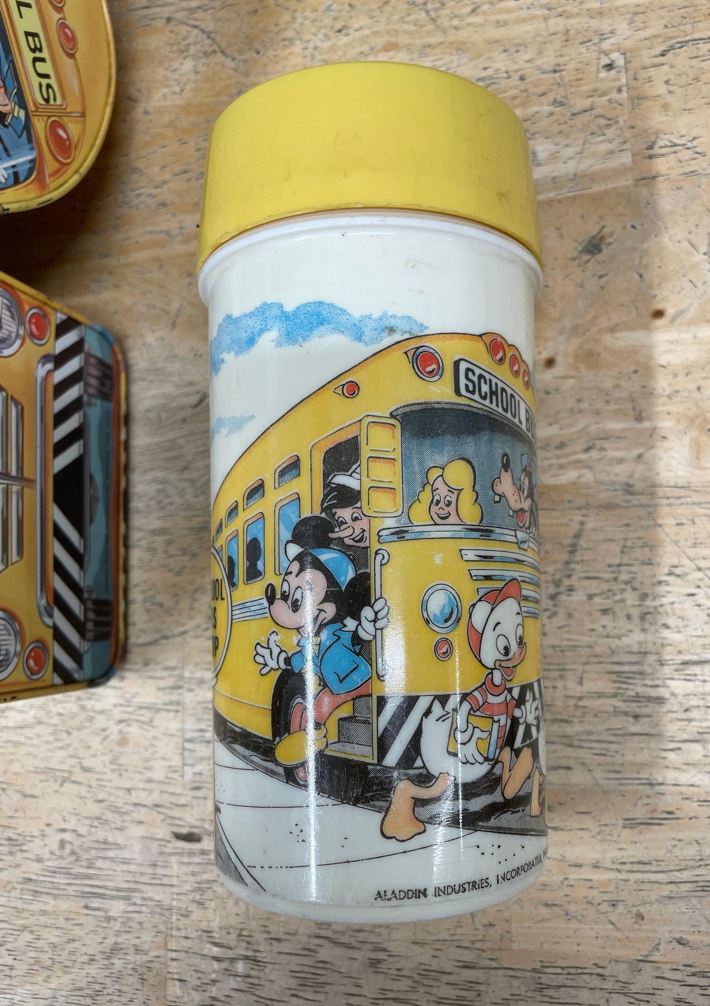 Vintage Walt Disney School Bus Metal Lunchbox with Plastic Aladdin Flask