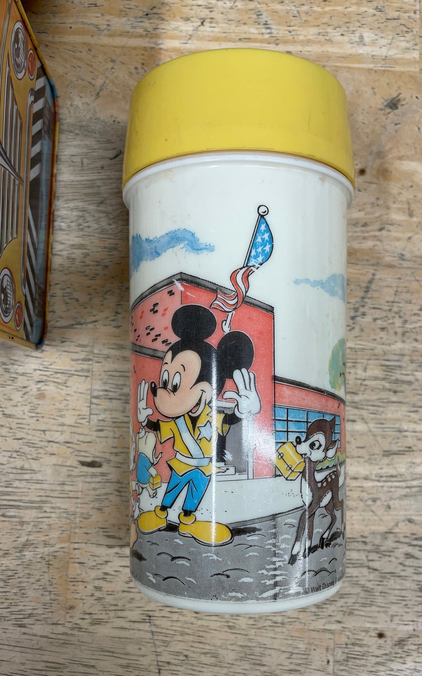 Vintage Walt Disney School Bus Metal Lunchbox with Plastic Aladdin Flask
