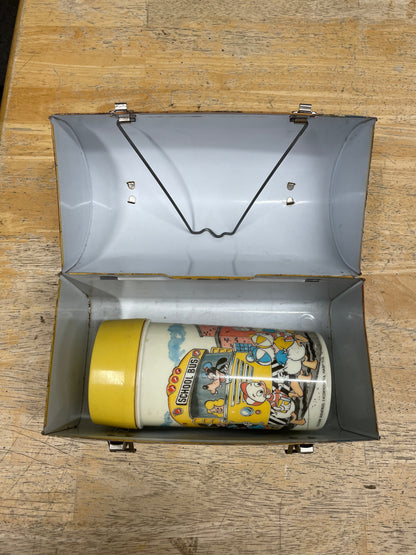 Vintage Walt Disney School Bus Metal Lunchbox with Plastic Aladdin Flask