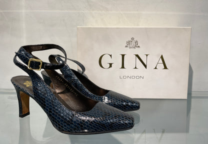 Gina Navy Blue Croc Effect Slingback Ankle Strap Heeled Shoes UK 4.5