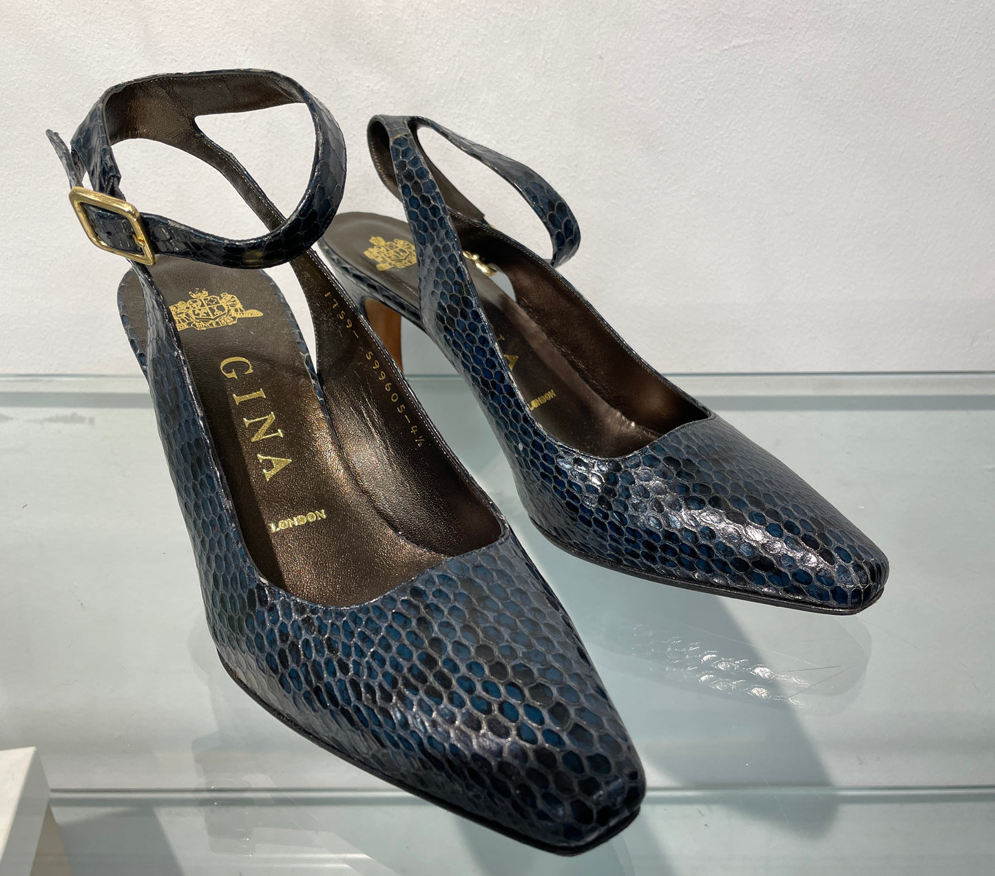 Gina Navy Blue Croc Effect Slingback Ankle Strap Heeled Shoes UK 4.5