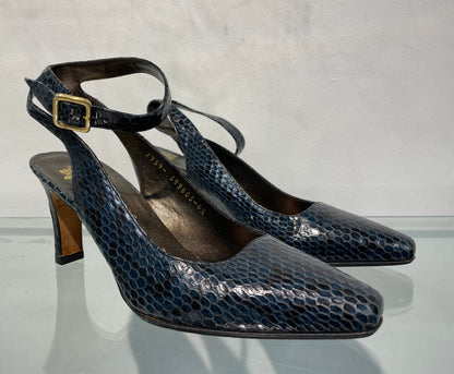 Gina Navy Blue Croc Effect Slingback Ankle Strap Heeled Shoes UK 4.5