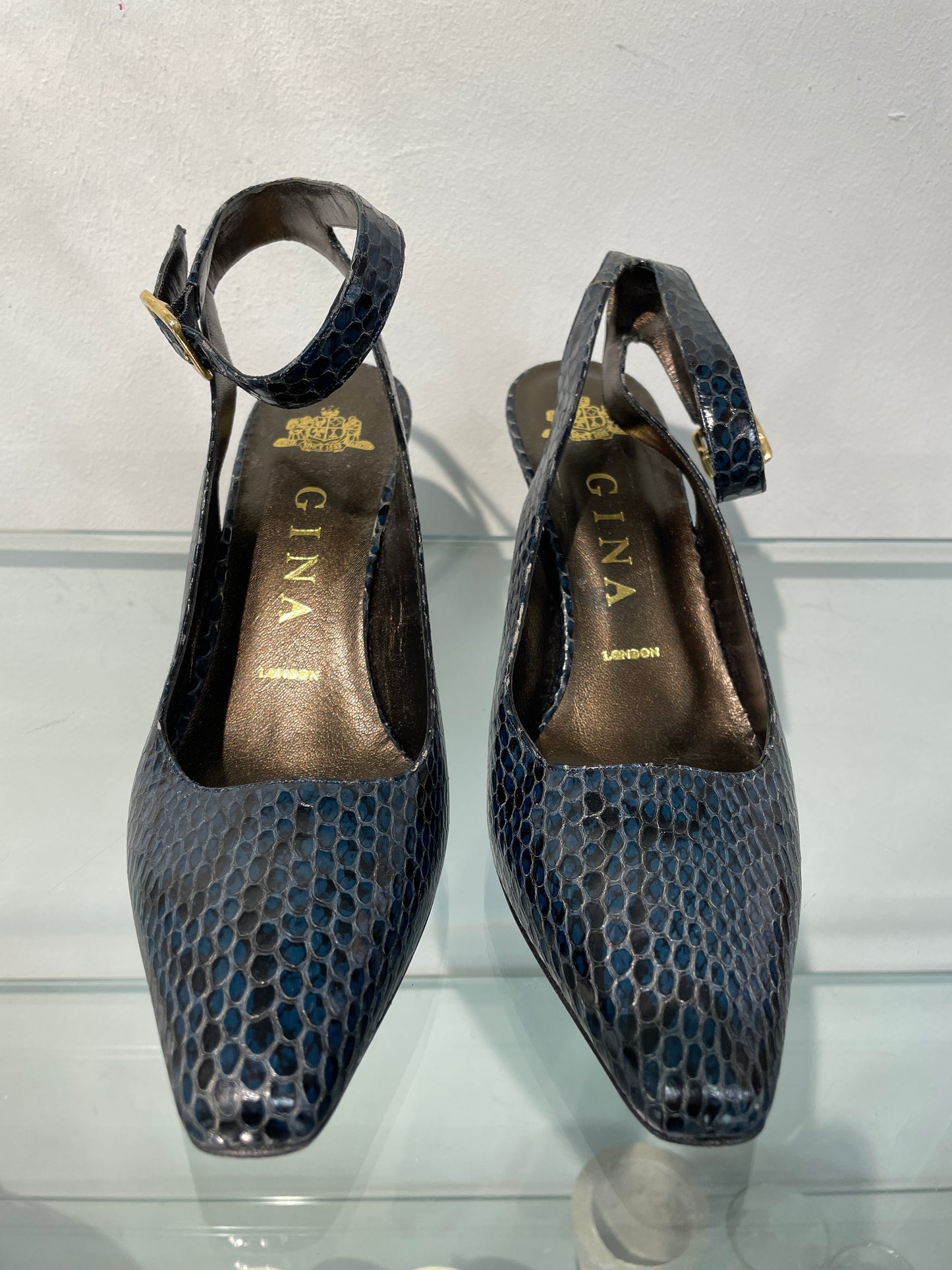 Gina Navy Blue Croc Effect Slingback Ankle Strap Heeled Shoes UK 4.5