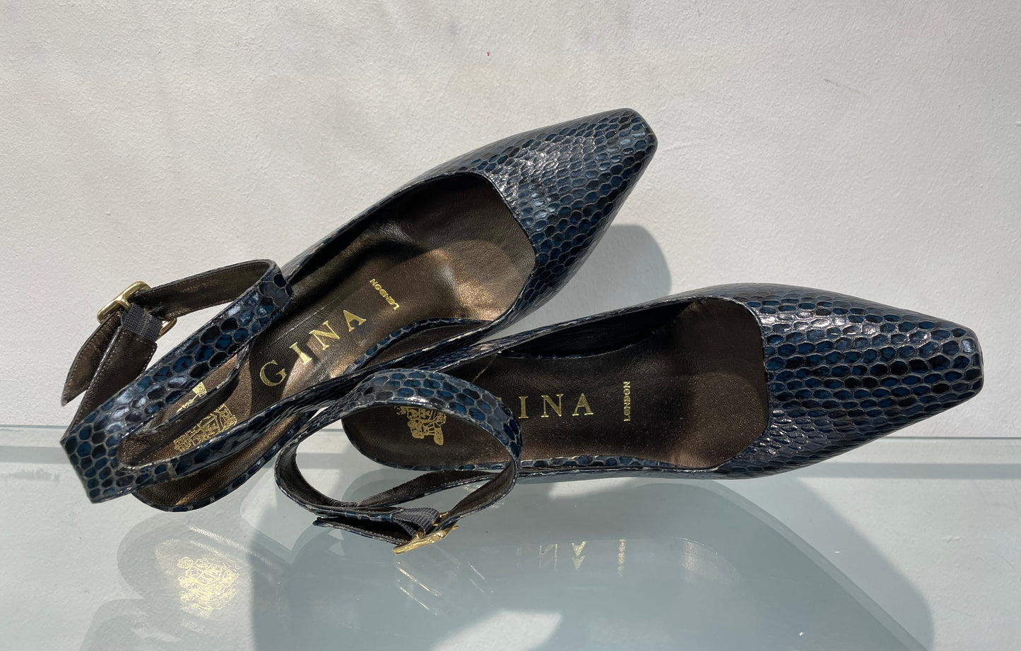 Gina Navy Blue Croc Effect Slingback Ankle Strap Heeled Shoes UK 4.5