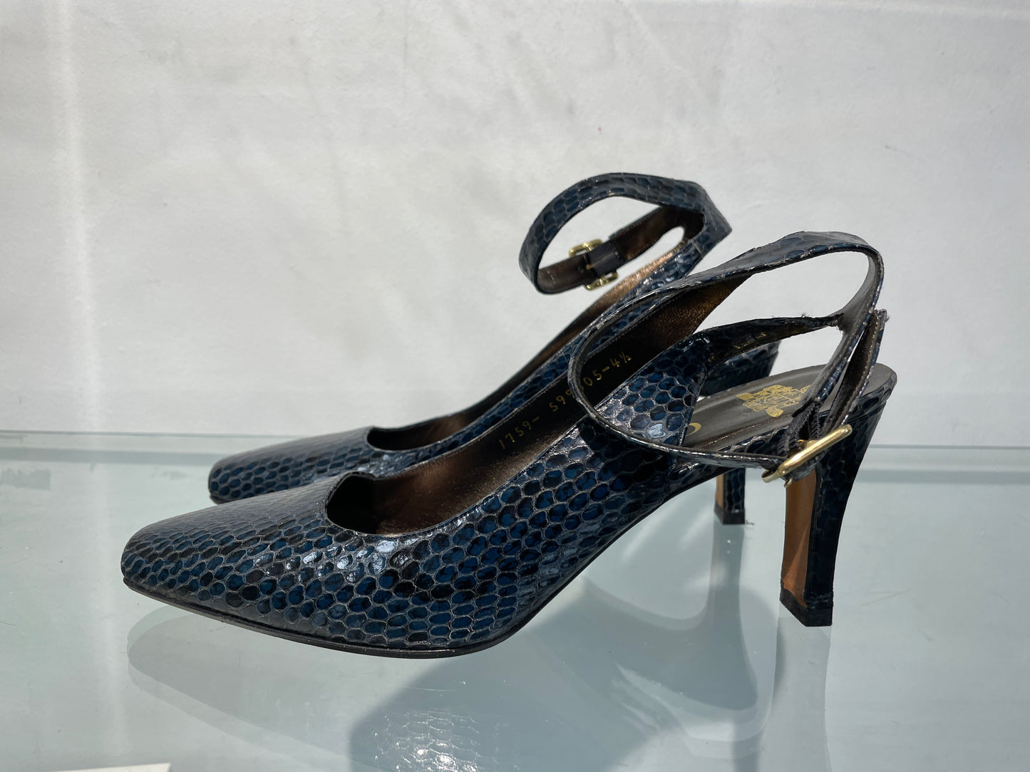 Gina Navy Blue Croc Effect Slingback Ankle Strap Heeled Shoes UK 4.5